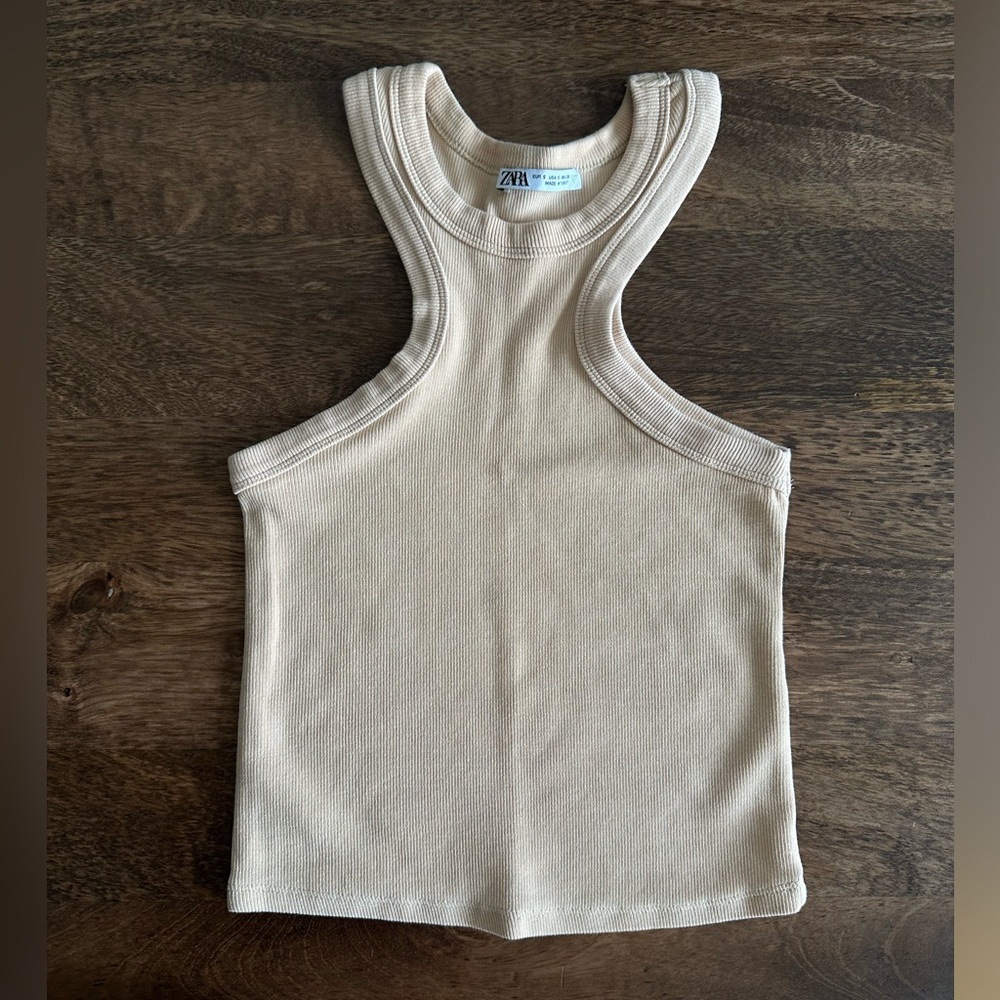 Zara Ribbed Inverted Racerback Tank Top in color nude